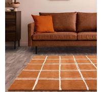 Lord of Rugs Arden Wool Rug for Modern Classic Living Room Bedroom Geometric Checkered Lines Pattern Hand Tufted Carpet Soft Durable Area Rug Orange Rust Cream Small 80x150 cm (2'6"x5')
