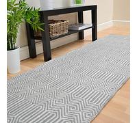 Lord of Rugs Geometric Ethnic Handmade Flatweave Cotton Wool Bedroom Living Room Rug Carpet Hallway 66x200 cm Runner (2ft 1in x 6ft 6in) Silver
