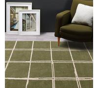 Lord of Rugs Grid Wool Rug for Modern Classic Living Room Bedroom Geometric Checkered Lines Pattern Hand Tufted Carpet Soft Durable Area Rug Olive Green Cream X-Large 200x290 cm (6'7"x9'6")