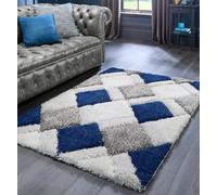Lord of Rugs Hand Tufted Shaggy Rug for Bedroom Living Room Diamond 3D Geometric Soft Silky Shiny Rug Navy Medium 120x170 cm (4'x5'6")