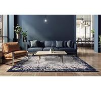 Lord of Rugs Kuza Border Modern Rug for Living Room Dining Bedroom Luxury Abstract Pattern Soft Silky Velvety Flatweave Rug Navy Large 160x230 cm (5'3"x7'7")