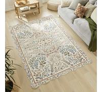 Lord of Rugs Liberty Floral Washable Rug Scallop Shaped, Non-Slip Velvet Soft Area Rug for Living Room, Bedroom, Kitchen Elegant Vintage Design LIB303 Cream Multi, Large 160 x 230 cm (5'3"x7'6")
