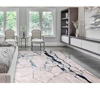 Lord of Rugs Modern Abstract Shiny Rug Silky Shimmer Soft High-Shine Carpet for Living Room, Bedroom Luxury Geometric and Marbled Patterns Rug Quake AU22 Blue Cream, Small 80 x 150 cm (2'6"x5'0")