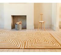 Lord of Rugs Modern Retro Rug for Living Room, Bedroom Lounge Reef Geometric Abstract Hand Tufted 100% Wool Rug (RF28 Curve Ochre Gold X-Large 200x290 cm (6'7"x9'6")