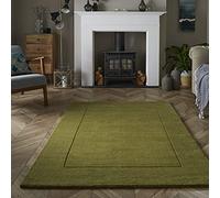 Lord of Rugs Wool Bordered Rug for Modern Classic Bedroom Living Room Soft Quality Esme Hand Carved Elegance Plain Vibrant Colours Rug Olive Green, Medium 120x170 cm (4'x5'6")