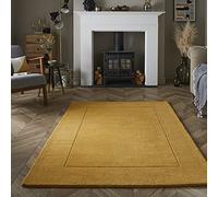 Lord of Rugs Wool Bordered Rug for Modern Classic Bedroom Living Room Soft Quality Esme Hand Carved Elegance Plain Vibrant Colours Rug Ochre Yellow, X-Large 200x290 cm (6'7"x9'6")