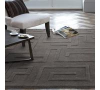 Lord of Rugs Wool Rug for Living Room Bedroom Plain Geometric Maze Pattern Hand Tufted Modern Classic Quality Rug Charcoal Grey Large 160x230 cm (5'3"x7'7")