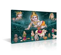 Lord Radha Krishna Canvas Paintings Wall Art God Bal Krishna Pictures Home Decor 1 Pieces Hindu God Black and White Wall Art Posters and Prints Stretched and Framed Ready to Hang (16"Wx24"H)