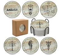 Lord Rings Absorbent Coasters for Drinks,LOTR Coasters for Home Decor,6Pcs Lord Rings Stone and Cork Coaster Set with Holder for Coffee Table,TV Merchandise Gift for Women Men Fans
