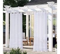 LORDTEX Burlap Linen Look Outdoor Curtain for Patio - 2 Panels Waterproof Tab Top Sheer Curtains for Pergola, Porch, Cabana and Gazebo Indoor/Outdoor Voile Sheer Drapes, 52 x 95 Inch, White