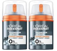 L'Oreal Men Expert Sensitive Skin Moisturiser, Magnesium Defence, Hypoallergenic 24H Daily Mens Moisturiser, With Magnesium Mineral And Hyaluronic Acid, 50ml (Pack of 2)