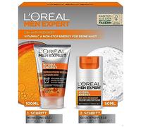 L'Oréal Men Expert Tired Skin Care Set for Men, Gift Set with Wash Gel and Face Cream 24H Anti-Fatigue, Gifts for Men with Vitamin C, Hydra Energy, 1 x 100 ml, 1 x 50 ml
