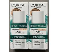 L'Oreal Paris BRIGHT REVEAL BRONZE Fluid TINTED GLOW | SPF 50+ | 50ml Pack of 2