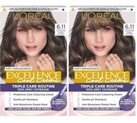 L'Oréal Paris Excellence Cool Crème Permanent Hair Dye, Radiant At-Home Hair Colour with up to 100% Grey Coverage, Pro-Keratin, Up to 8 Weeks of Colour, Colour: 6.11 Ultra Ash Dark Blond (Pack of 2)
