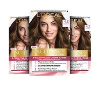 L'Oréal Paris Excellence Cream Permanent Hair Colour, 100% Grey Hair Coverage, Hair Dye Set with Colouration, Shampoo and Triple Care Cream, 4.3 Golden Brown, 3 x 268 g