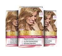 L'Oréal Paris Excellence Cream Permanent Hair Colour, 100% Grey Hair Coverage, Hair Dye Set with Colouration, Shampoo and Triple Care Cream, 7.3 Hazelnut Blonde, 3 x 268 g
