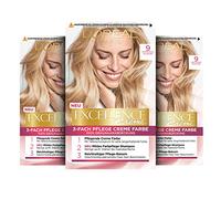 L'Oréal Paris Excellence Crème Permanent Hair Dye, Radiant At-Home Hair Colour with up to 100% Grey Coverage, Pro-Keratin, Up to 8 Weeks of Colour, Pack of 3, Colour: 9 Natural Light Blonde