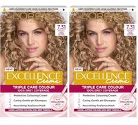 L'Oréal Paris Excellence Crème Permanent Hair Dye, Radiant At-Home Hair Colour with up to 100% Grey Coverage, Pro-Keratin, Up to 8 Weeks of Colour, Colour: 7.31 Natural Dark Caramel Blonde (Pack of 2)