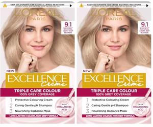 L'Oréal Paris Excellence Crème Permanent Hair Dye, Radiant At-Home Hair Colour with up to 100% Grey Coverage, Pro-Keratin, Up to 8 Weeks of Colour, Colour: 9.1 Natural Light Ash Blonde (Pack of 2)