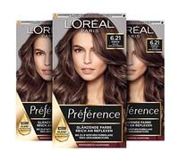 L'Oréal Paris Permanent Hair Colour, Hair Dye Set with Coloration and Gloss Care Balm, Préférence, 6.21 Light Pearlescent Brown (Zurich), Set of 3