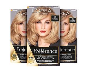 L'Oréal Paris Permanent Hair Colour, Hair Dye Set with Colouration and Colour Shine Care Balm, Préférence, 8 Natural Blonde (Cailfornia), Set of 3