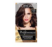 L'Oreal Paris Permanent Hair Dye, Preference 4.15 Caracas, 100% Grey Coverage, Long Lasting, Luminous Hair Colour with Anti-Brass Purple Mask, Luminous Reflects, Pack of 1