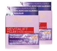 L'Oréal Paris Revitalift Filler Day Cream Deep Volumizing Anti-Wrinkle Treatment SPF 50 Protection with Hyaluronic Acid Micro-Filler - 2x 50ml Jars