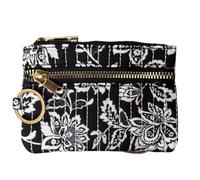 Lorenz Quilted Botanical Floral Coin Purse with Keyring, Soft Touch Zip Coin & Card Holder, Double Zip Compartments, Lightweight Travel Purse, 13 x 9 x 2 cm (Black)