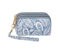Lorenz Quilted Floral Botanical Triple Zip Coin Purse with Wrist Strap, Women's Zip Coin & Card Holder, Compact Travel Purse, 12 x 8 x 5 cm (Blue)