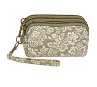 Lorenz Quilted Floral Botanical Triple Zip Coin Purse with Wrist Strap, Women's Zip Coin & Card Holder, Compact Travel Purse, 12 x 8 x 5 cm (Olive)
