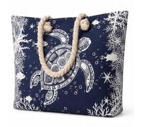 Lorenz XL Beach Bag for Women - Large Zip Top Holiday Tote with Rope Handles & Inner Zip Pocket - Palm Trees, Turtle, Shells & Starfish or Pink Tropical Floral - 57 x 38 x 14 cm (Navy Turtle)