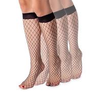 LORES Womens Knee-high Socks Fishnet Style Stockings Free-size Diamond Pattern, Nana Nero, 3-PACK
