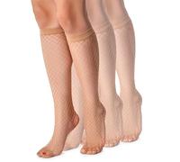 LORES Womens Knee-high Socks Fishnet Style Stockings Free-size Diamond Pattern, Nana Visone, 3-PACK