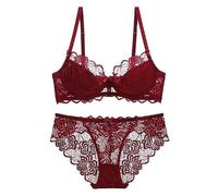 LoRier Women Lace Unlined Bras 3/4 Cup Sexy Non-Padded Underwire Bra and Panties Set Burgundy