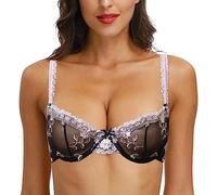 LoRier Women's Floral Sexy Sheer Lace Underwired Unlined Push Up Balconette Bra See Through Non-Padded 42C Sexy Black