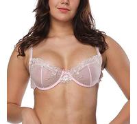 LoRier Women's Floral Sexy Sheer Lace Underwired Unlined Push Up Balconette Bra See Through Non-Padded 44C Rosy Pink