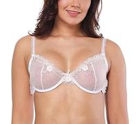LoRier Women's Floral Sexy Sheer Lace Underwired Unlined Push Up Balconette Bra See Through Non-Padded 42C Milk White