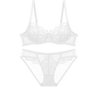 LoRier Women's Sexy Soft Lace Lingerie Set See Through Underwear Floral Lace Underwire Sheer Unlined Balconette Bra and Panty Set White