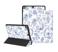 Lornpa Case for iPad 9th/8th/7th Generation 2021/2020/2019 10.2 inch, Protective Slim Case with Pencil Holder, Auto Wake/Sleep Smart Cute Girly Cover 9th/8th/7th Gen for Women Girls, Blue Plant