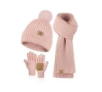 LOROME Women's Winter Beanie Hat Scarf Gloves Set Fleece Knit Pompom Hat Warm Scarf Touchscreen Gloves Winter Gift, pink, 12.2*8.27 inch