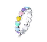 Lorrifal 925 Sterling Silver White Gold Plated Rainbow Heart Statement Ring Jewelry Gift for Women Girls Anniversary Ring-Size 5
