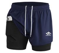 LORSPORTCH Men's 2-in-1 Running Shorts Men's Fitness Shorts Outdoor Marathon Training Shorts with Built-in Pockets Navy Blue L