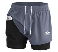 LORSPORTCH Men's 2 in 1 Running Shorts Men's Fitness Shorts Outdoor Marathon Training Shorts with Built-in Pockets Grey XL