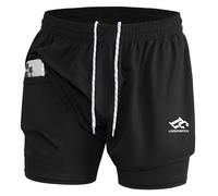 LORSPORTCH Men's Running Shorts 2 in 1 Shorts Gym Athletic Shorts Outdoor Marathon Workout Training Shorts with Built-in Pockets, Black / with towel loop, L