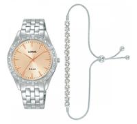 Lorus Ladies Classic CZ Pink Dial Stainless Steel Watch & CZ Adjustable Slider Bracelet Set