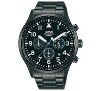 Lorus Mens Aviator Chronograph Watch with Black Stainless Steel Strap & Dial