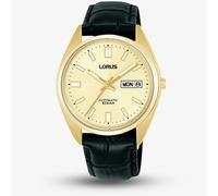 Lorus Mens Champagne Dial Day Date Black Leather Strap Watch RL436CX9