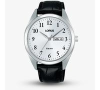 Lorus Mens White Dial Day Date Black Leather Strap Watch RJ673AX9