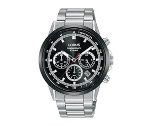Lorus Sports Chronograph Quartz Black Dial Stainless Steel Bracelet Mens Watch RT397JX9