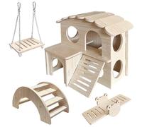 LOS ANDES Hamster Maze Double-Decker Wood House, Seesaw Toy, Bridge and Swing Hideout Cage Decor for Syrian Hamsters Dwarf Gerbil Mouse Mice Rat Small Animals(Only for Small Hamster)